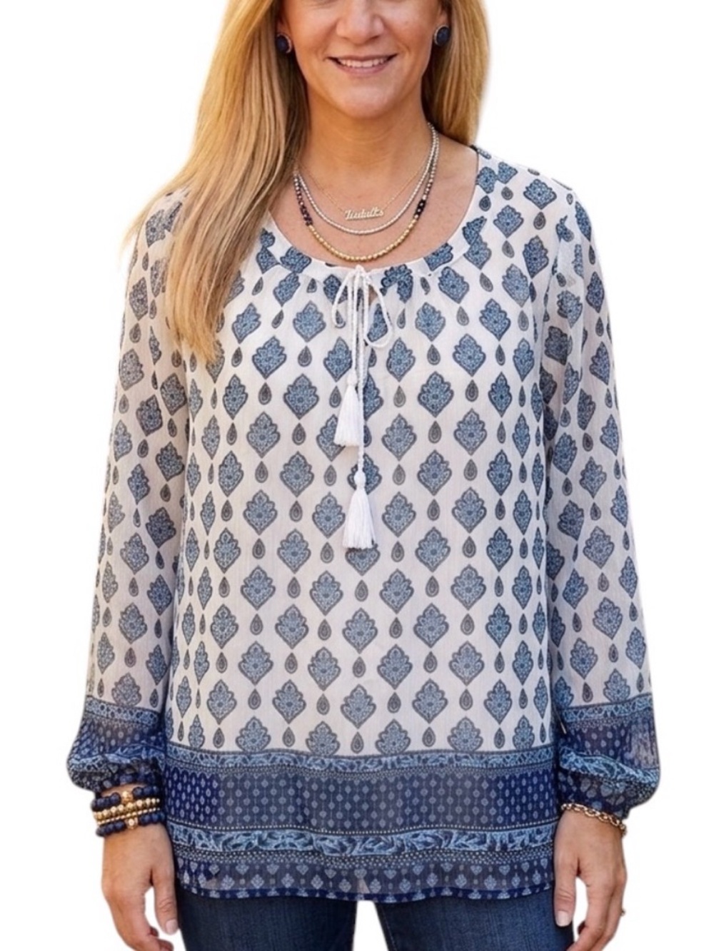 Rose & Olive boho top. Blue and white Size XL